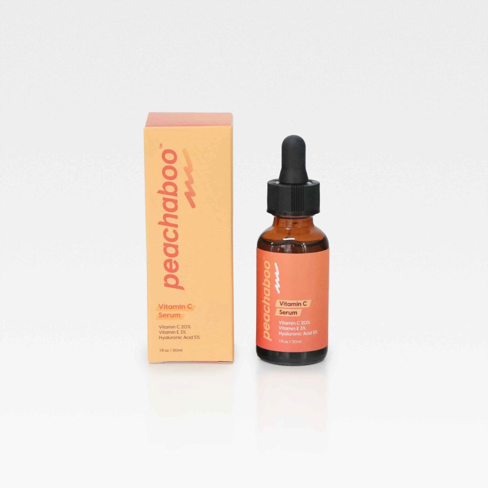 Peachaboo Vitamin C Serum bottle with a vibrant label, showcasing its brightening and rejuvenating properties for skin care.