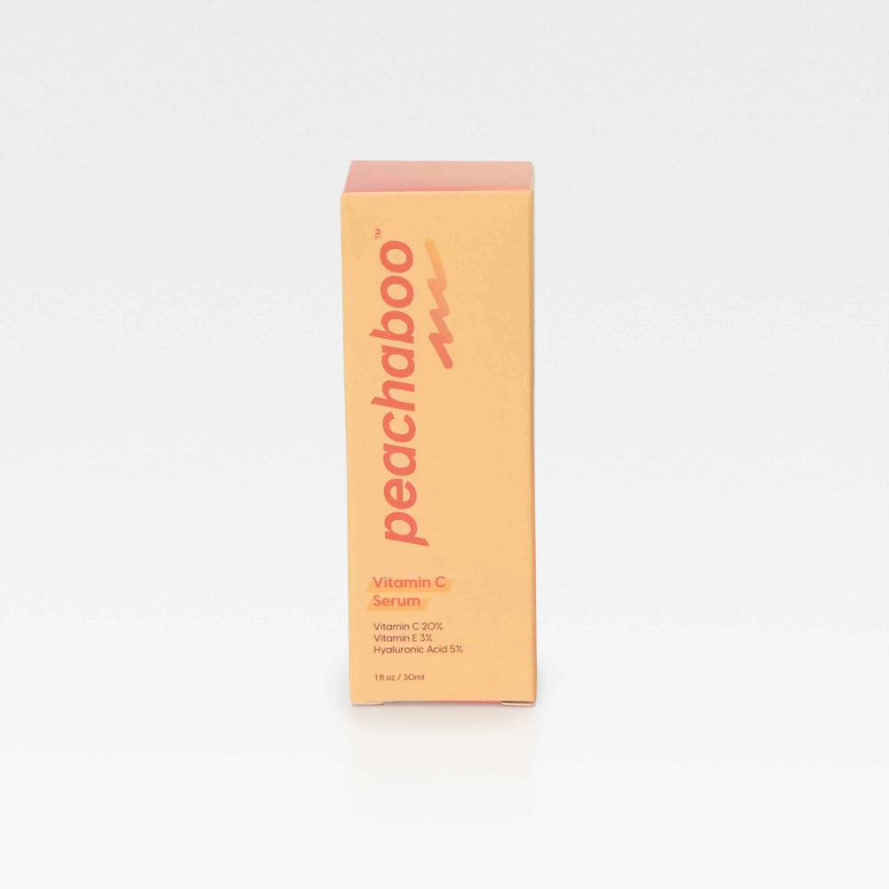 Peachaboo Vitamin C Serum displayed in a stylish bottle, emphasizing its peach color, perfect for brightening skin.