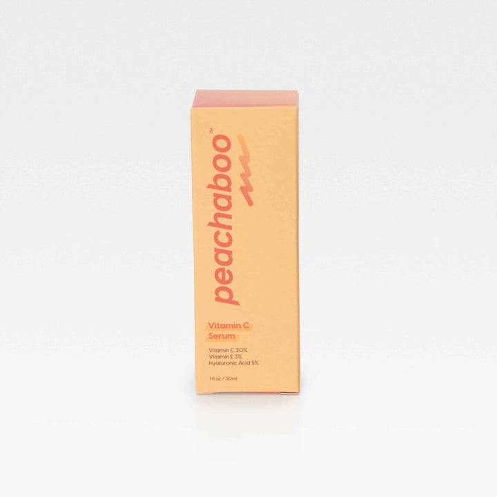 Peachaboo Vitamin C Serum displayed in a stylish bottle, emphasizing its peach color, perfect for brightening skin.