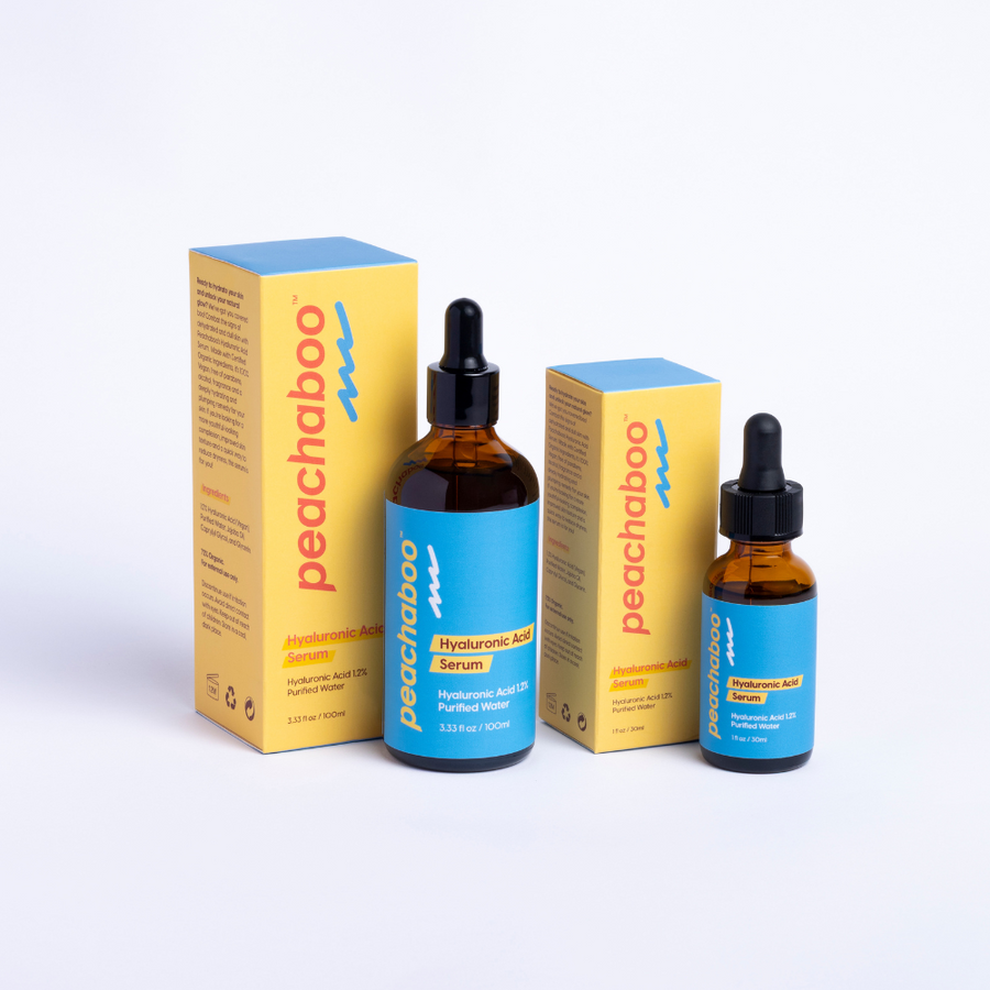Peachaboo Hyaluronic Acid Serum in 100ml and 30ml bottles – a vegan, organic serum that deeply hydrates dry, tired, and dull skin, ideal for microneedling.