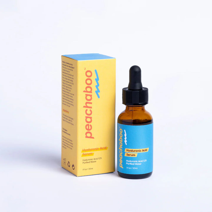 Peachaboo hyaluronic acid serum 30ml bottle and packaging on a white background