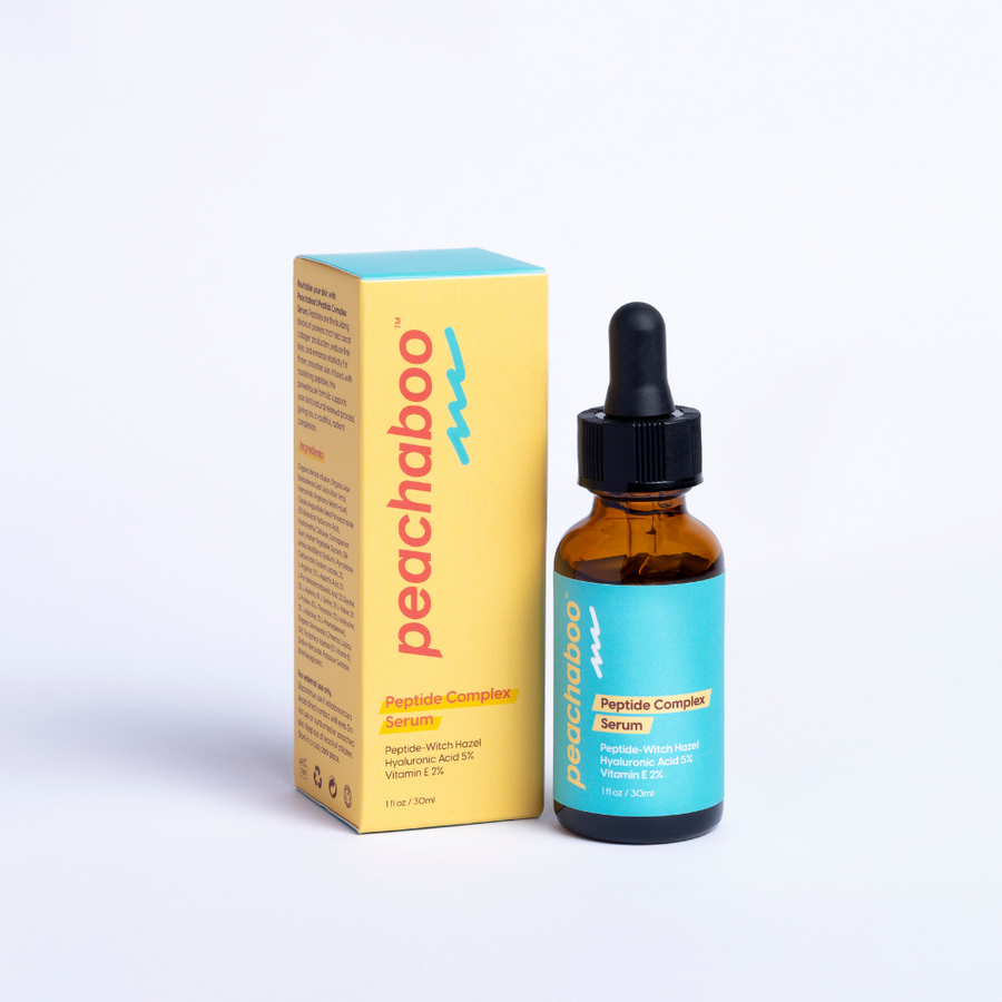 A 30ml bottle of Peptide Complex Serum, an anti-ageing treatment formulated with plant-based peptides to boost collagen production and reduce fine lines and wrinkles.