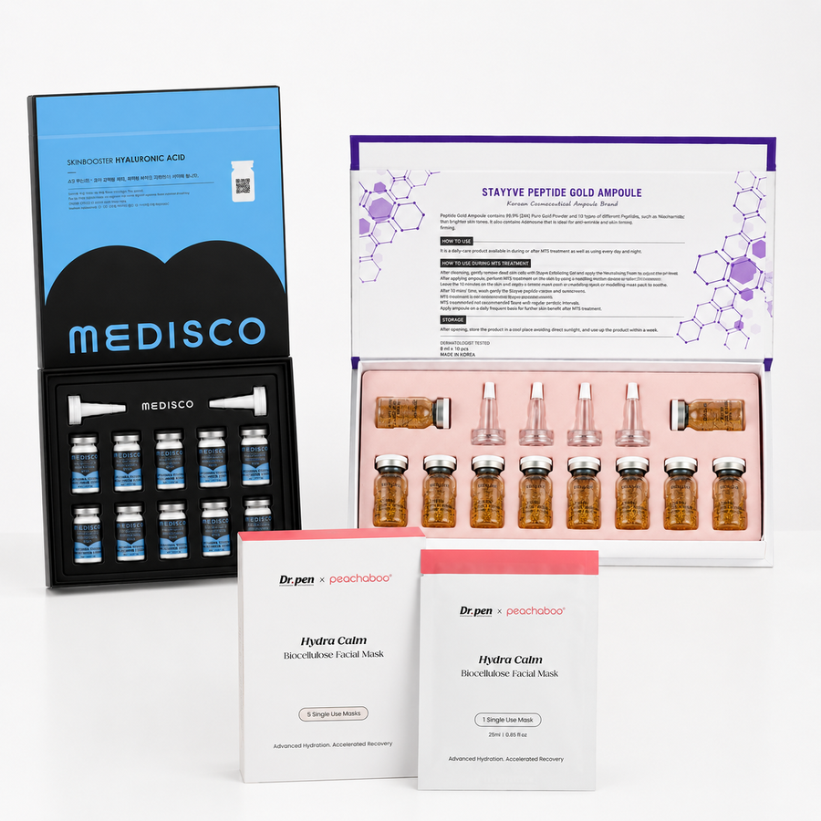 Featuring Medisco Skinbooster Hyaluronic Acid – Intense Hydration Formula for deep and lasting hydration, Stayve Peptide Gold Ampoule Kit (8ml x 10 vials) to support skin renewal and improve elasticity, and Dr. Pen x Peachaboo Hydra Calm Biocellulose Microneedling Recovery Mask (5 Pack) to soothe, calm, and restore the skin after treatment.