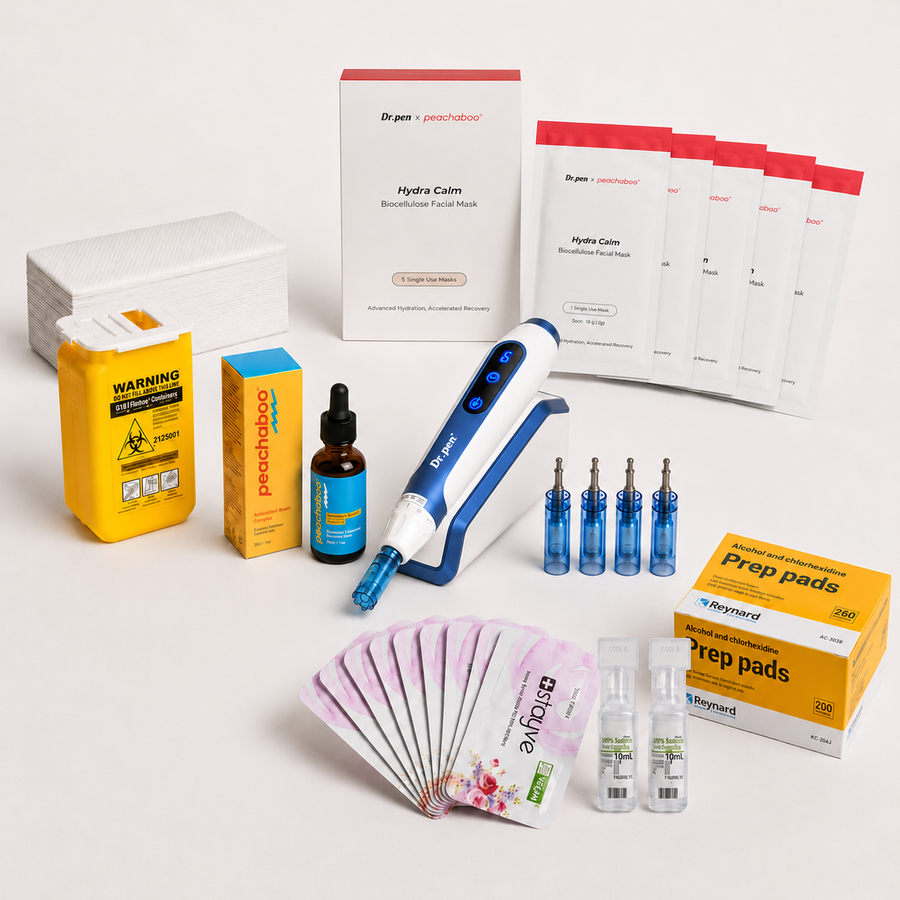 Dr. Pen A11 microneedling device with 12-pin cartridges, Peachaboo Hyaluronic Acid Serum, Stayve Repair Cream, Reynard Antiseptic Prep Pads for skin preparation, Sodium Chloride 0.9% Solution for gentle cleansing, Biodegradable Disposable Headbands (20pcs) for hygienic treatment setup, and a BD Sharps, Dr. Pen x Peachaboo Hydra Calm Biocellulose.