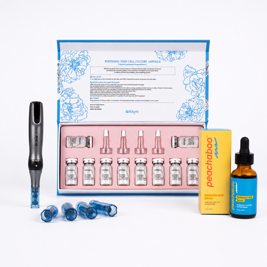 Featuring the Dr. Pen M8S microneedling pen with 18-pin and 36-pin cartridges for versatile treatments, Peachaboo Hyaluronic Acid Serum for deep hydration and skin plumping, and Stayve Whitening Stem Cell Culture Ampoule (8ml x 10 vials) to help brighten, revitalise, and improve the appearance of pigmentation for a clearer, more luminous complexion.