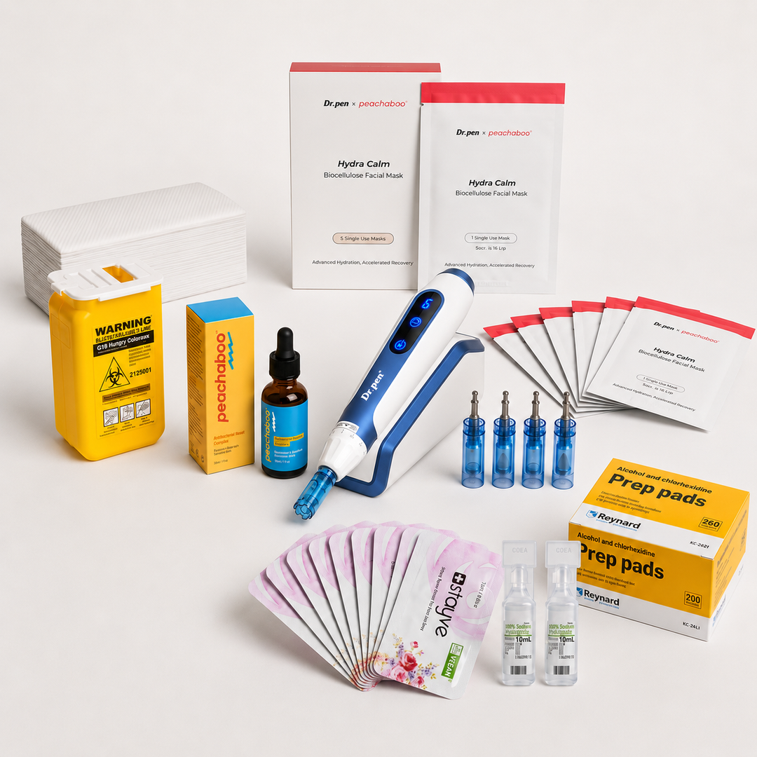 Dr. Pen A11 microneedling device with 12-pin cartridges, Peachaboo Hyaluronic Acid Serum, Stayve Repair Cream, Reynard Antiseptic Prep Pads for skin preparation, Sodium Chloride 0.9% Solution for gentle cleansing, Biodegradable Disposable Headbands (20pcs) for hygienic treatment setup, and a BD Sharps, Dr. Pen x Peachaboo Hydra Calm Biocellulose.