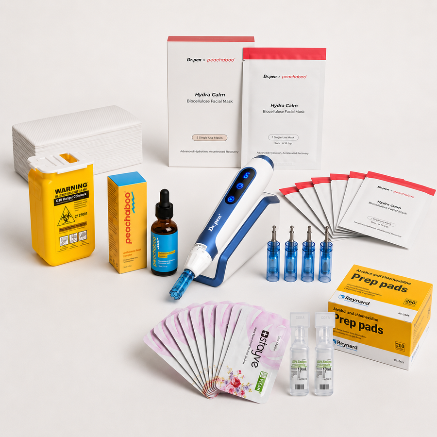 Dr. Pen A11 microneedling device with 12-pin cartridges, Peachaboo Hyaluronic Acid Serum, Stayve Repair Cream, Reynard Antiseptic Prep Pads for skin preparation, Sodium Chloride 0.9% Solution for gentle cleansing, Biodegradable Disposable Headbands (20pcs) for hygienic treatment setup, and a BD Sharps, Dr. Pen x Peachaboo Hydra Calm Biocellulose.
