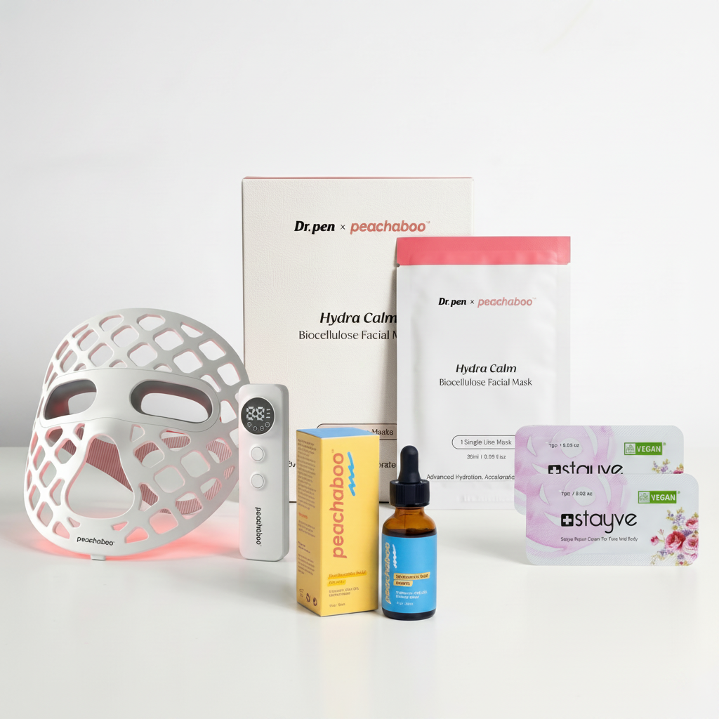 Featuring Peachaboo Hyaluronic Acid Serum for deep hydration and plumping, Stayve Repair Cream to support skin regeneration and soothe irritation, the Dr. Pen x Peachaboo Hydra Calm Biocellulose Mask to calm and replenish stressed skin, and the Peachaboo Glo Aurora Silicone LED Light Therapy Mask to enhance healing, reduce redness, and support overall skin recovery.