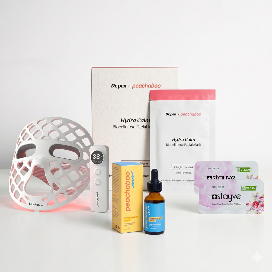 Featuring Peachaboo Hyaluronic Acid Serum for deep hydration and plumping, Stayve Repair Cream to support skin regeneration and soothe irritation, the Dr. Pen x Peachaboo Hydra Calm Biocellulose Mask to calm and replenish stressed skin, and the Peachaboo Glo Aurora Silicone LED Light Therapy Mask to enhance healing, reduce redness, and support overall skin recovery.