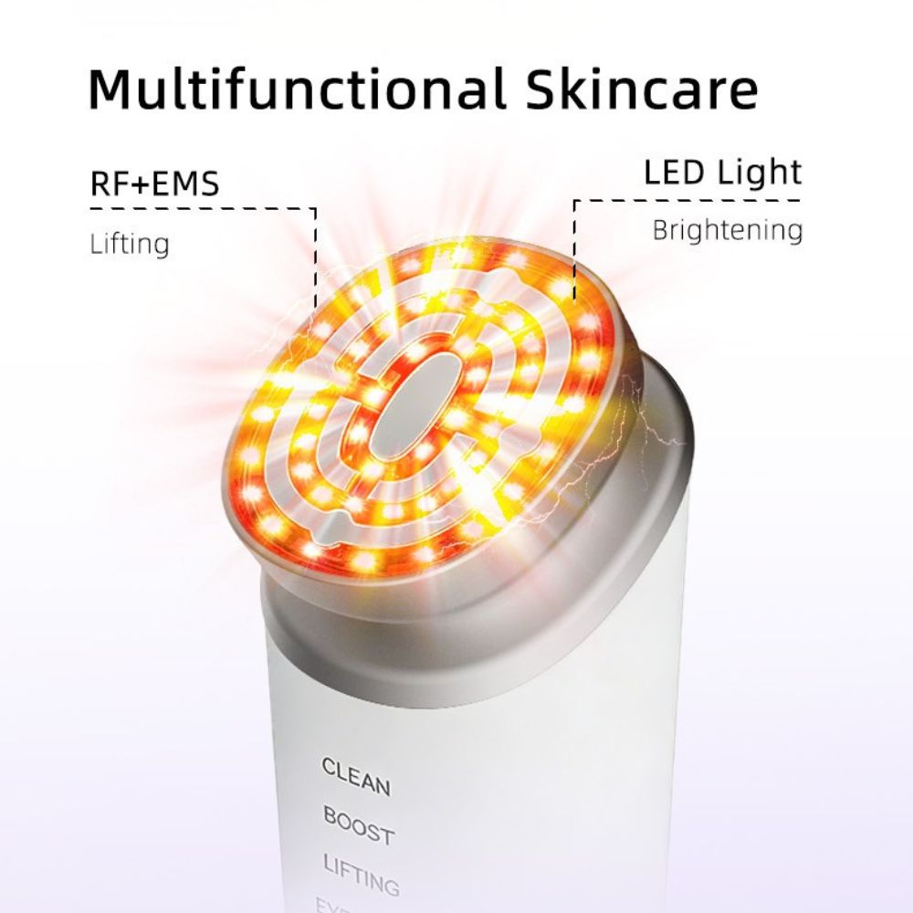 Close-up of the facial lifting device treatment head featuring RF, EMS and LED light skincare technology.