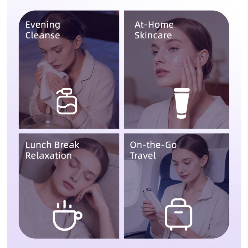 5-in-1 Smart RF & EMS Facial Lifting Device shown for evening cleansing, at-home skincare, relaxation and travel use.