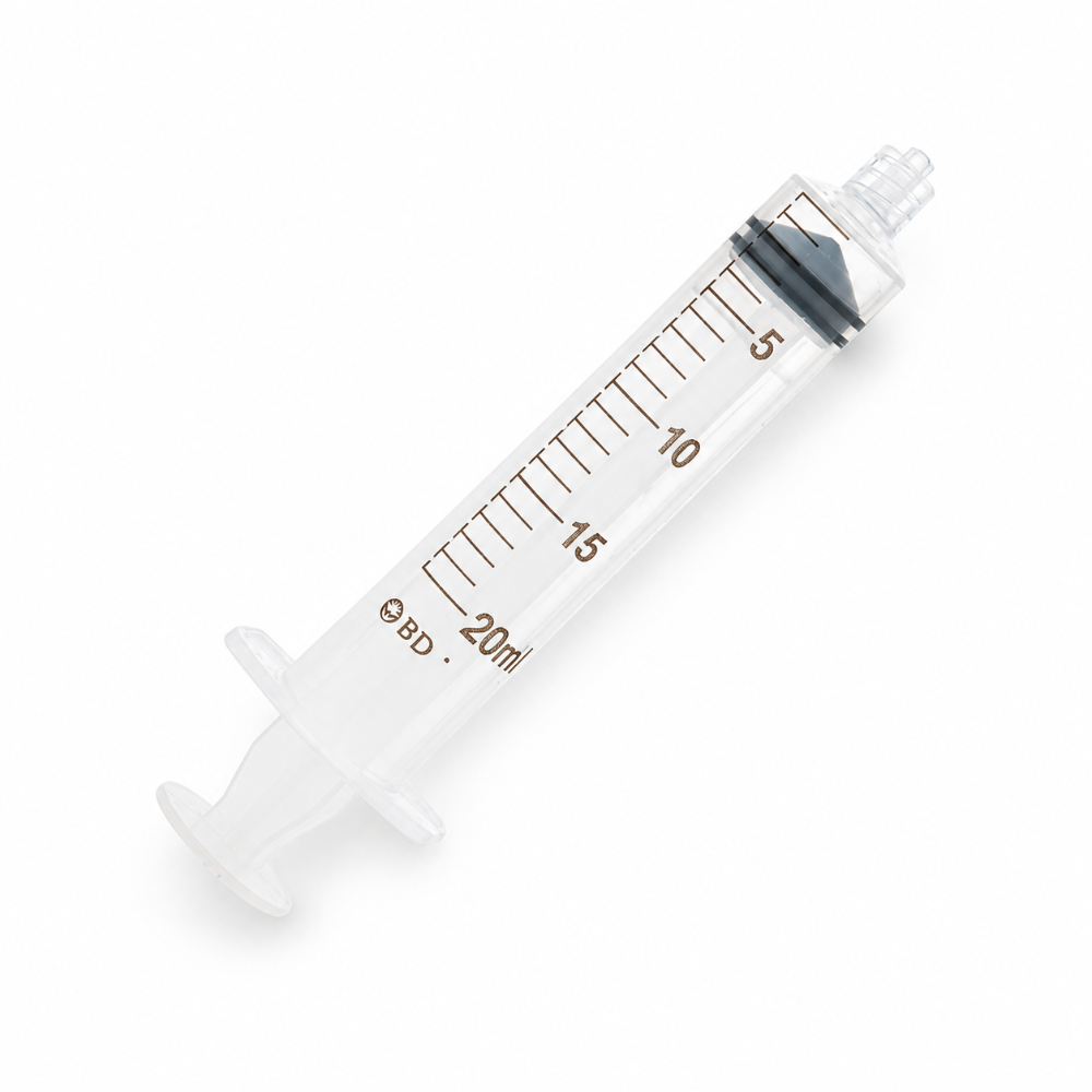 BD 20ml Luer Lock syringe with clear barrel, measurement markings and secure tip on a white background