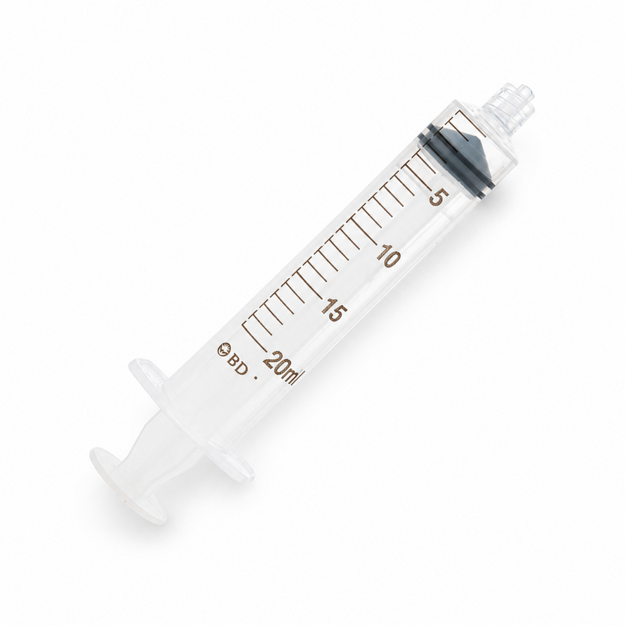 BD 20ml Luer Lock syringe with clear barrel, measurement markings and secure tip on a white background