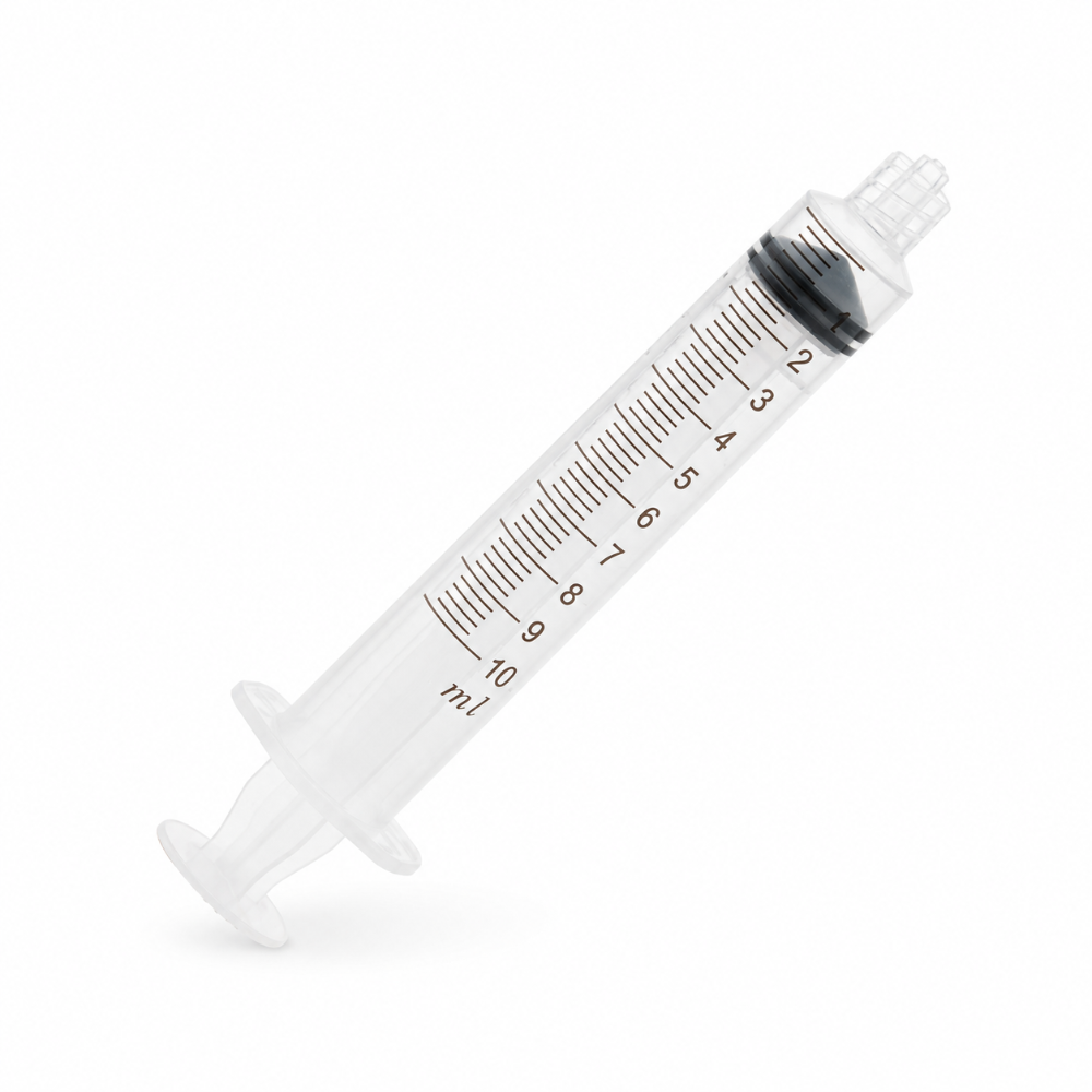 10ml Luer Lock syringe with clear barrel, precise measurement markings and secure tip on a white background