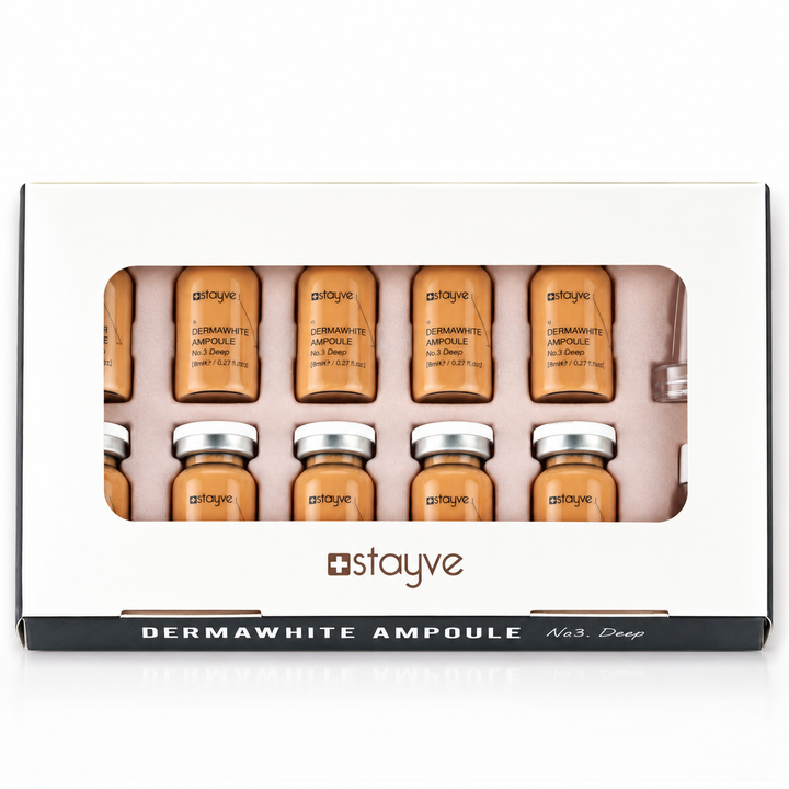 Stayve DermaWhite Ampoule No.3 Deep treatment kit in a packaging box with a clear window showing vials arranged in rows.