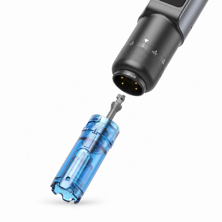 Close-up of Dr. Pen M8 Max chip cartridge connection and adjustable needle depth dial
