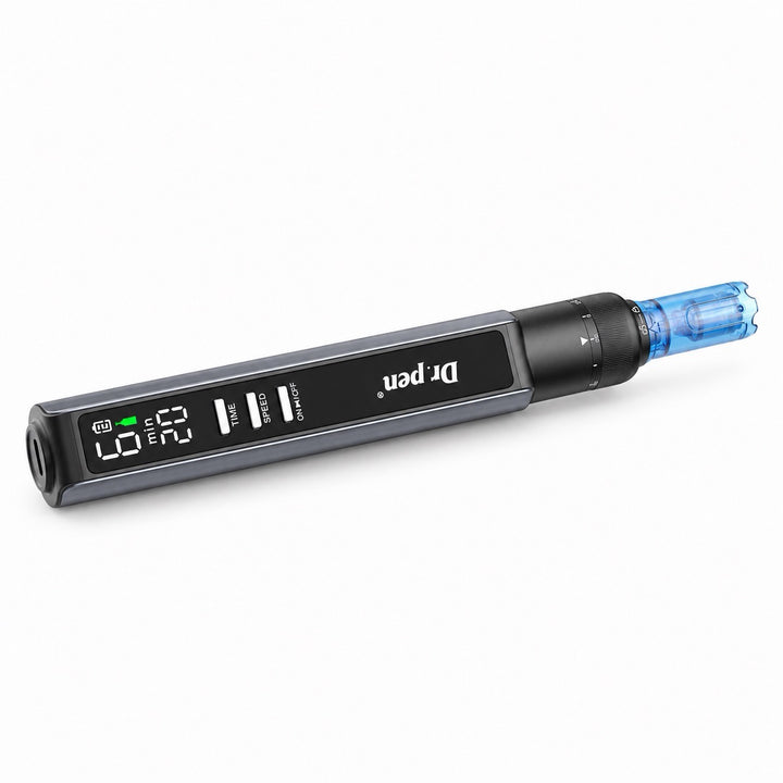Dr. Pen M8 Max Microneedling Pen side angle showing digital display and depth dial