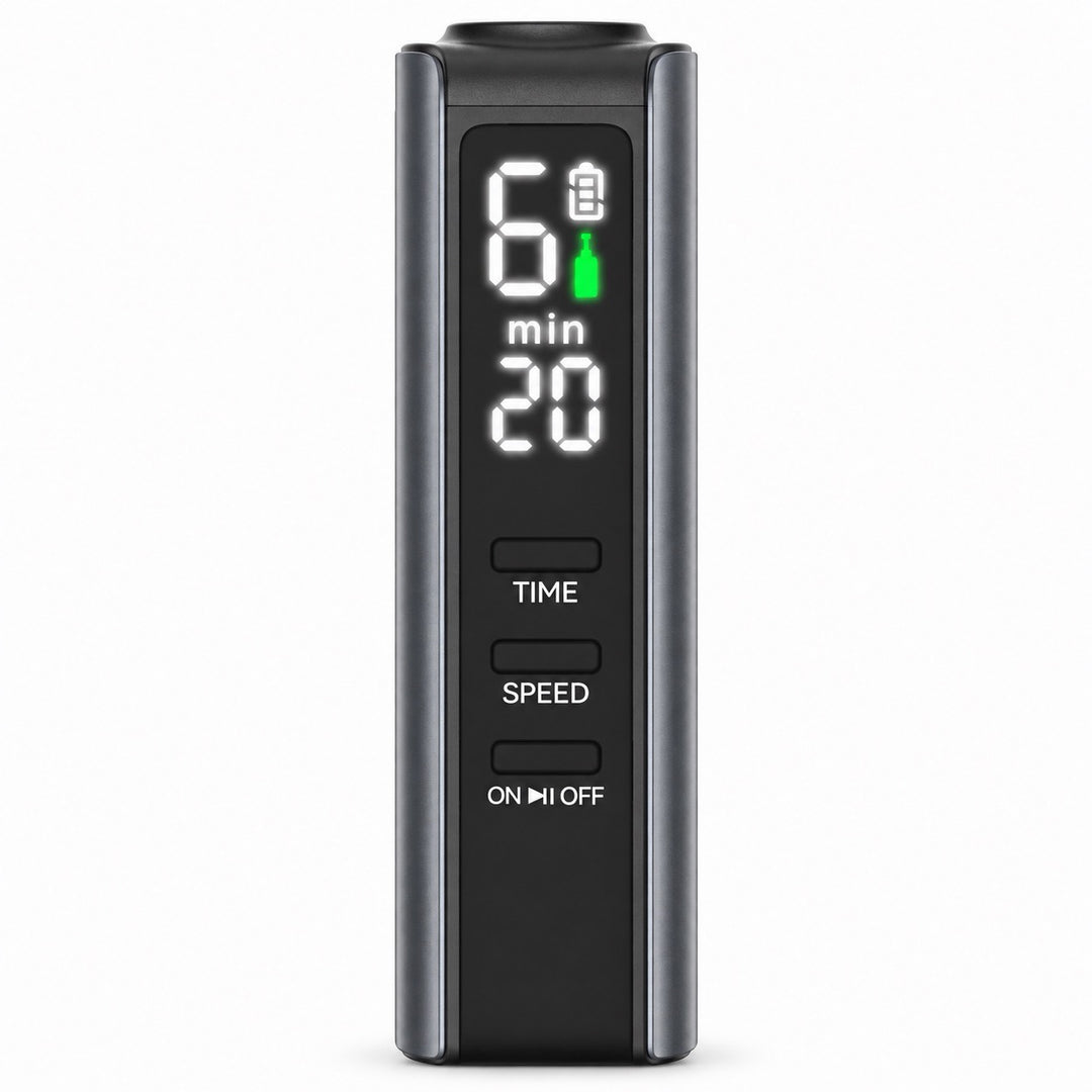 Close up to Dr. Pen M8 Max LED display showing speed, timer, battery and cartridge status
