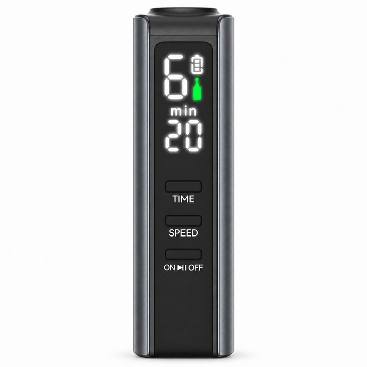 Close up to Dr. Pen M8 Max LED display showing speed, timer, battery and cartridge status