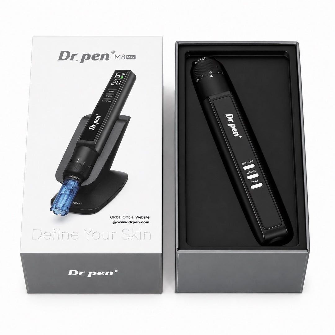 Dr. Pen M8 Max Microneedling Pen retail packaging and open product box, and the device inside the box