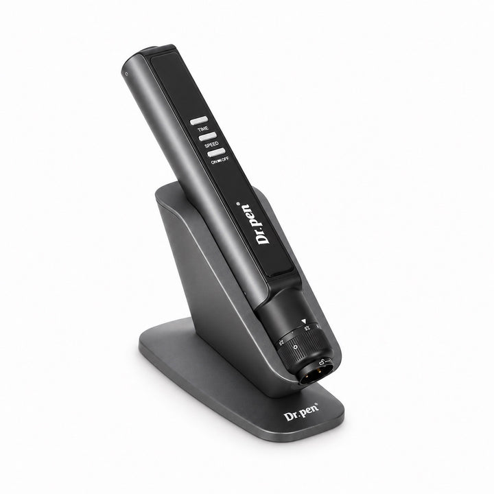 Dr. Pen M8 Max Microneedling Pen resting in smart induction stand without cartridge