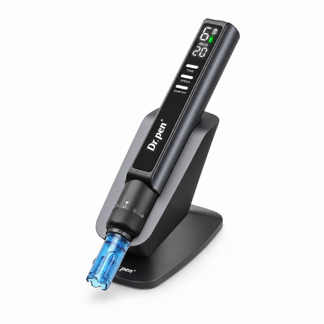 Dr. Pen M8 Max Microneedling Pen with  cartridge attached, and device resting in smart induction stand