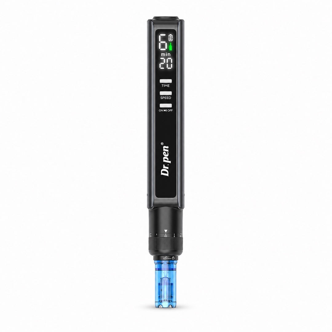 Dr. Pen M8 Max Microneedling Pen front view with LED display and blue cartridge