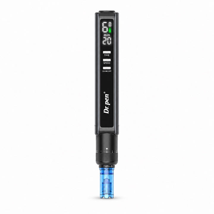 Dr. Pen M8 Max Microneedling Pen front view with LED display and blue cartridge