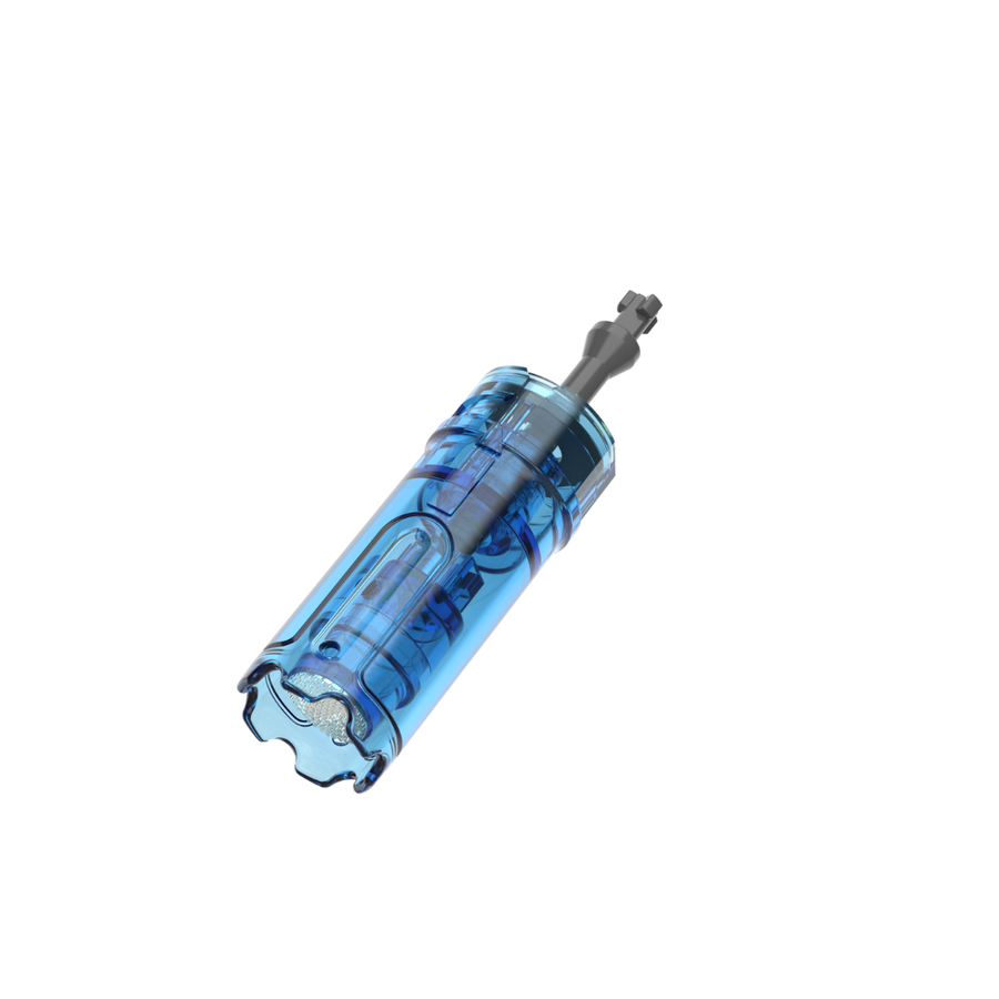 Angled view of a Dr. Pen M8 Max Nano round needling cartridge with a clear blue plastic body and needle tip