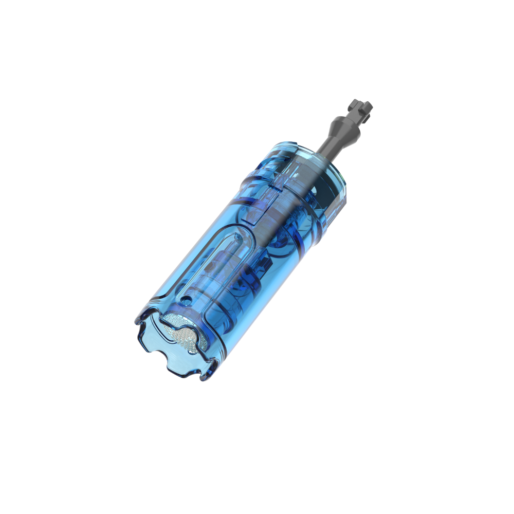 Angled view of a Dr. Pen M8 Max nano needle cartridge with a clear blue plastic body and metal needle tip.