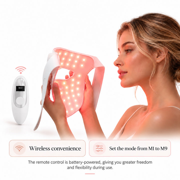 Woman using the GOOMi 3D Silicone LED Light Therapy Mask with wireless remote control and adjustable light modes