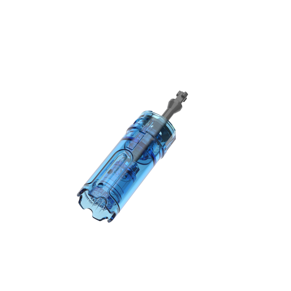 Angled view of a Dr. Pen M8 Max 18-pin microneedling cartridge with a clear blue plastic body and metal needle tip.
