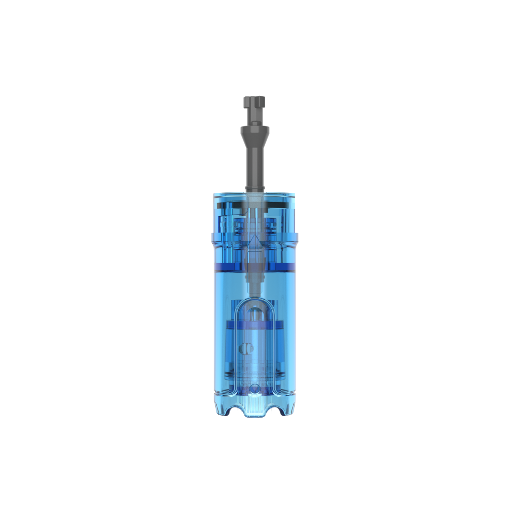 Front view of a Dr. Pen M8 Max 18-pin microneedling cartridge with clear blue casing and protruding needle tip