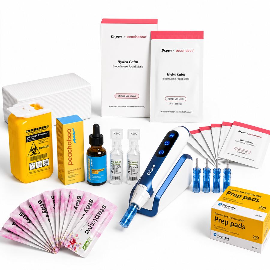 Dr. Pen A11 microneedling device with 12-pin cartridges, Peachaboo Hyaluronic Acid Serum, Stayve Repair Cream, Reynard Antiseptic Prep Pads for skin preparation, Sodium Chloride 0.9% Solution for gentle cleansing, Biodegradable Disposable Headbands (20pcs) for hygienic treatment setup, and a BD Sharps, Dr. Pen x Peachaboo Hydra Calm Biocellulose.