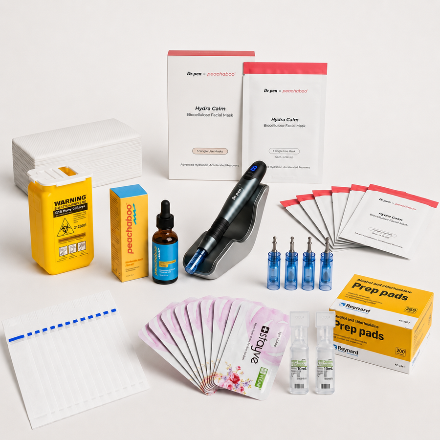 Dr. Pen A20 microneedling device with 12-pin cartridges, Peachaboo Hyaluronic Acid Serum, Stayve Repair Cream, protective A20 sleeve for device hygiene, Reynard Antiseptic Prep Pads for skin preparation, Sodium Chloride 0.9% Solution for gentle cleansing, Biodegradable Disposable Headbands (20pcs) for hygienic treatment setup, and a BD Sharps,  Dr. Pen x Peachaboo Hydra Calm Biocellulose.