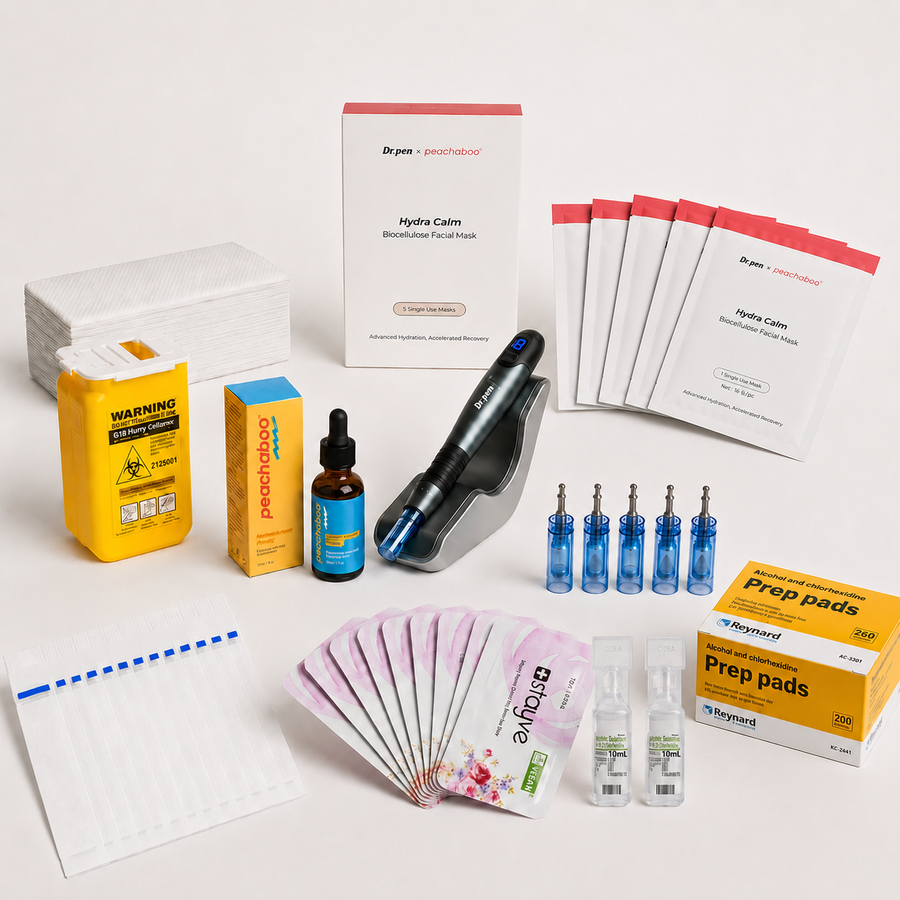 Dr. Pen A20 microneedling device with 12-pin cartridges, Peachaboo Hyaluronic Acid Serum, Stayve Repair Cream, protective A20 sleeve for device hygiene, Reynard Antiseptic Prep Pads for skin preparation, Sodium Chloride 0.9% Solution for gentle cleansing, Biodegradable Disposable Headbands (20pcs) for hygienic treatment setup, and a BD Sharps,  Dr. Pen x Peachaboo Hydra Calm Biocellulose.