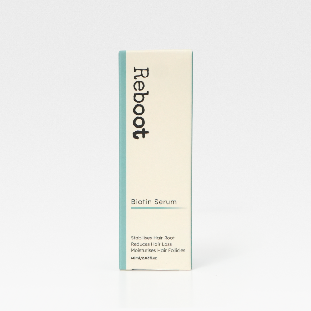 Close up image of Reboot Biotin Hair Growth Serum packaging box