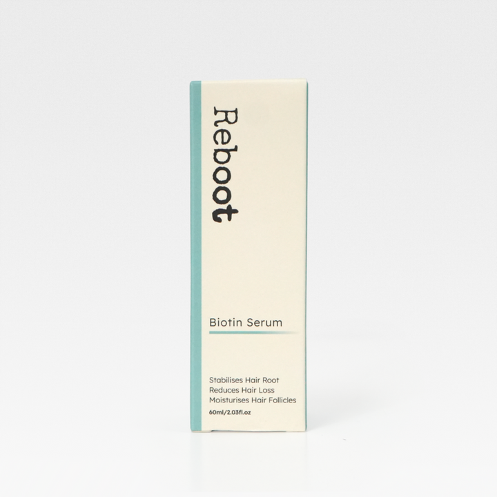 Close up image of Reboot Biotin Hair Growth Serum packaging box