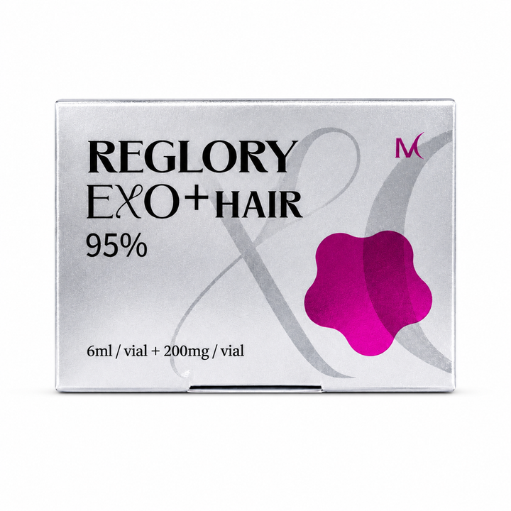 Reglory EXO⁺ Hair Growth Serum silver box packaging on a white studio background