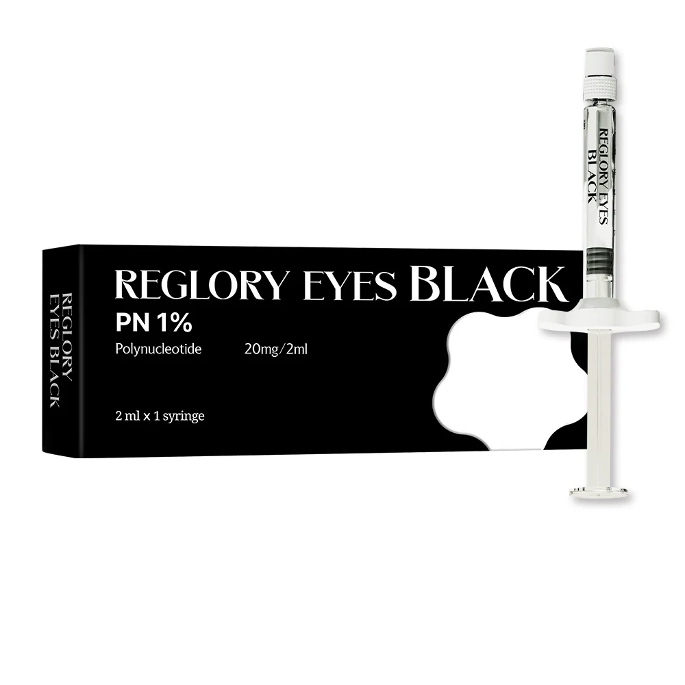 Reglory EYES BLACK – Premium Eyes Rejuvenation Booster,  PN 1% syringe and packaging on a white background