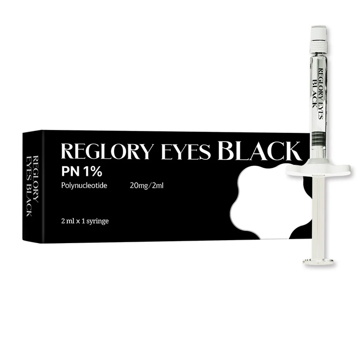 Reglory EYES BLACK – Premium Eyes Rejuvenation Booster,  PN 1% syringe and packaging on a white background