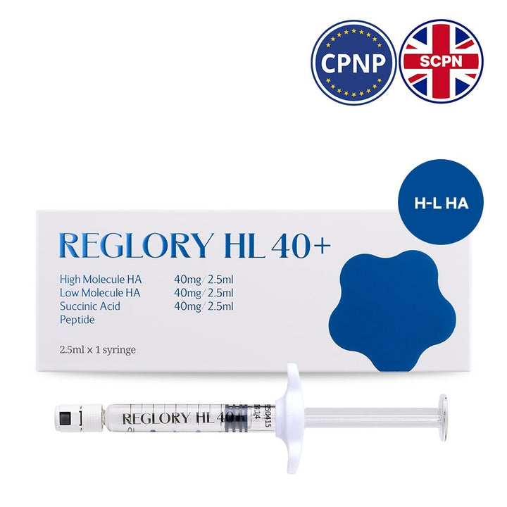 Reglory HL 40 skin booster syringe with packaging on a white background