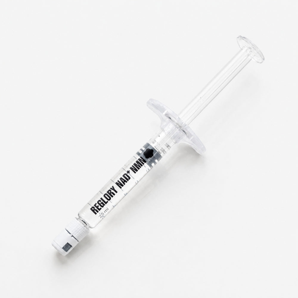 Close-up of Reglory NAD+ NMN 2.5 ml skin booster syringe on white background