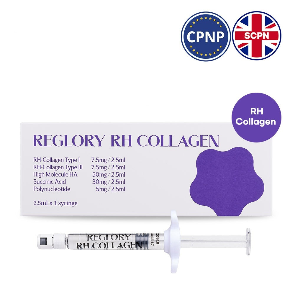 Reglory RH COLLAGEN Skin Revitalizer packaging and syringe shown with CPNP and SCPN certification icons.