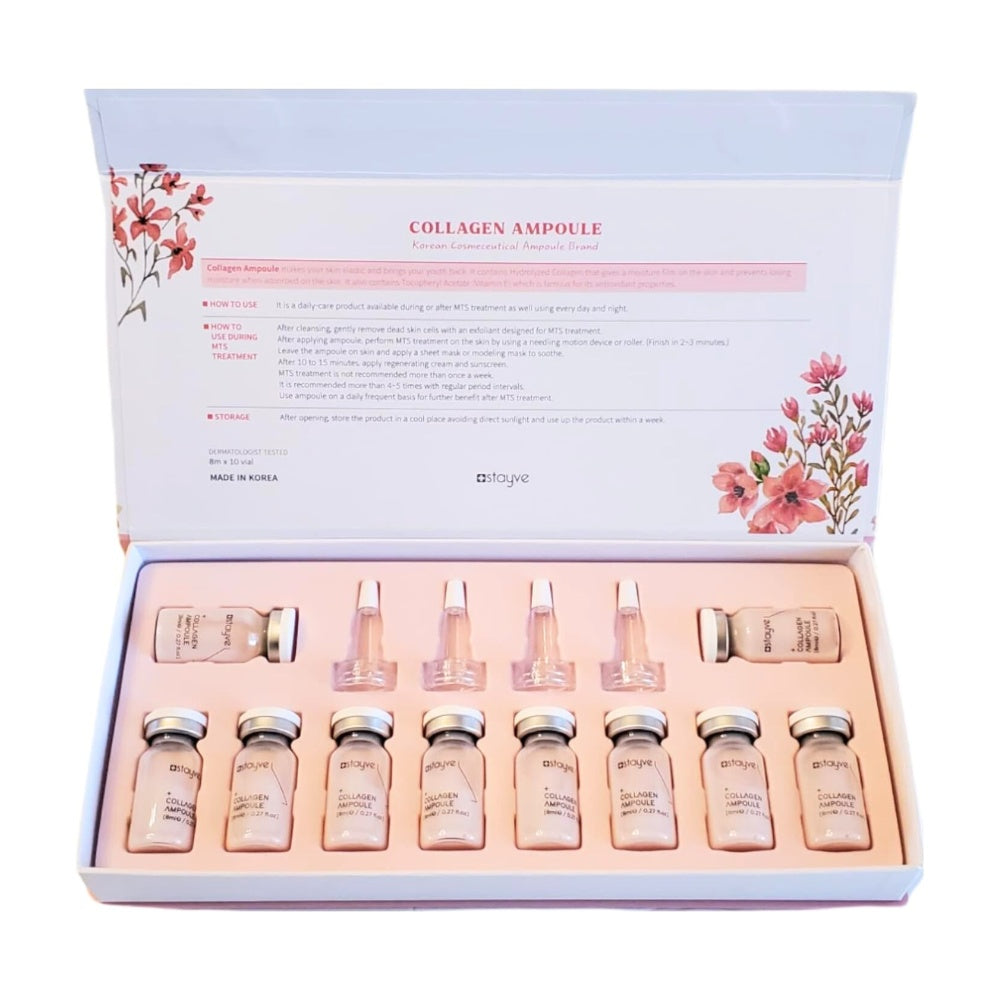 Stayve Collagen Ampoule kit opened packaging box with ampoule vials and applicators on display
