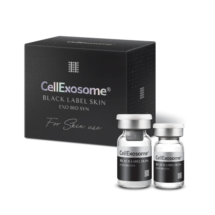 CellExosome Black Label Skin packaging box with two vials on a white background