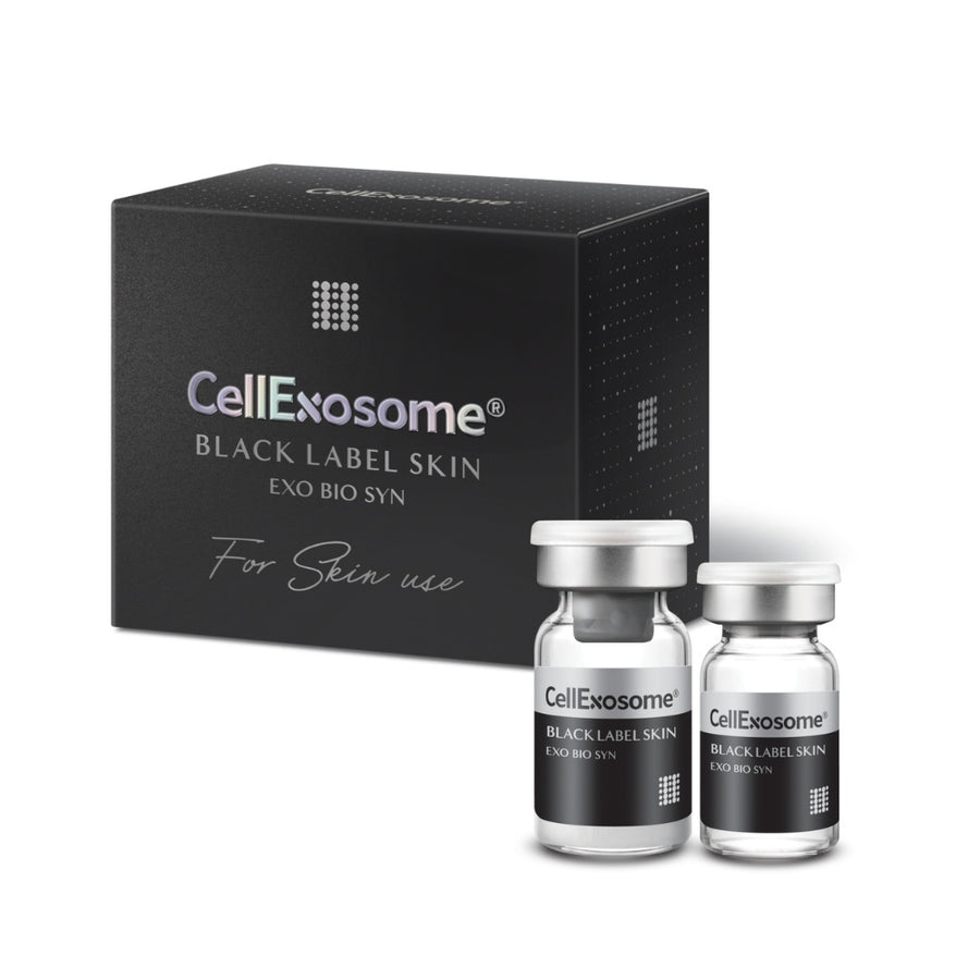 CellExosome Black Label Skin packaging box with two vials on a white background