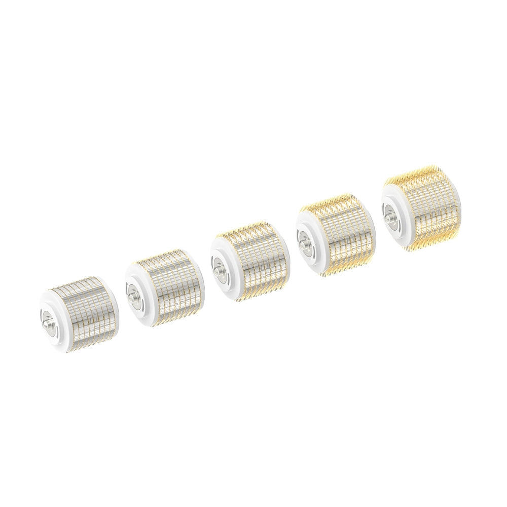 Five 2.0mm Microneedling Replacement Cartridges for the Dr. Pen G5 Bio Roller aligned horizontally against a white background. Each cartridge is presented frontally, showing a flat white surface with two protruding tabs for attachment, and a central grid of neatly aligned gold microneedles.