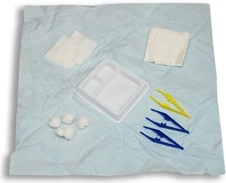 Standard Sterile Dressing Pack  PE/cellulose sterile field (50 x 50 cm), 
Dressing tray type 3 . Dressing towel (40 x 40 cm), 5 x Non woven balls, 2 x Non woven swabs (7.5 x 7.5 cm), 3 x Disposable plastic forceps