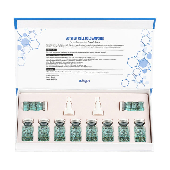 AC Stem Cell Gold Ampoule set in its box packaging with applicators